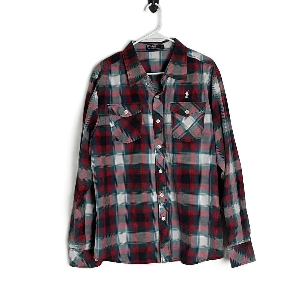 Polo By Ralph Lauren Red Multi Plaid Pockets Collared‎ Button-Up Shirt Size XL